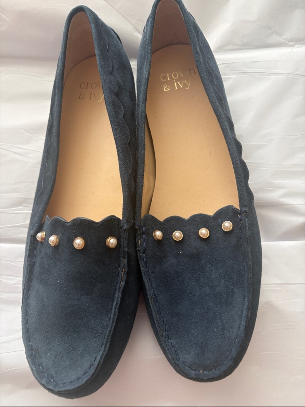 crown & ivy navy suede scalloped loafers with pearl studs